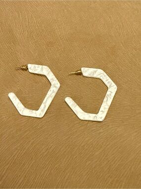 White Marbled Hexagon Hoop Earrings - Women Jewelry